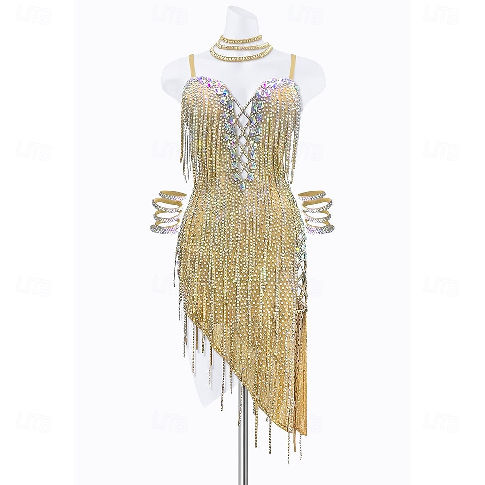 Women's Gold Rhinestone Fringe Latin Dance Dress Set - Sparkly Asymmetrical, Choker & Cuffs Included Ballroom Performance 2026 - $314.29 –P1