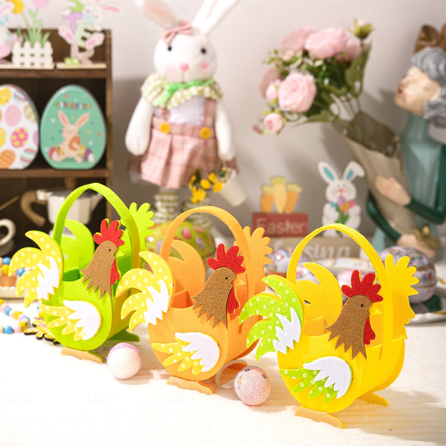 Set van 3 vilten opbergmandjes met paashaasjes en kleurrijke hanen, handzame draagtassen met cartoonfiguren, paas snoepbakken voor feestelijke decoratie, lente opbergspullen voor kinderen en 2026 - $15.99 –P4