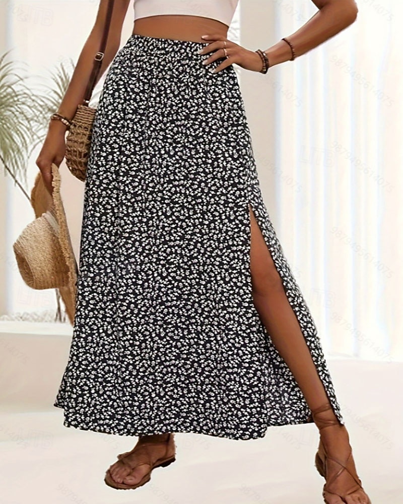 Women's Elegant Fashion Casual Maxi High Waist Skirts Floral Print Split Ends Micro-elastic Stretchy Daily Street Black Pink Summer 2026 - $14.99 –P1