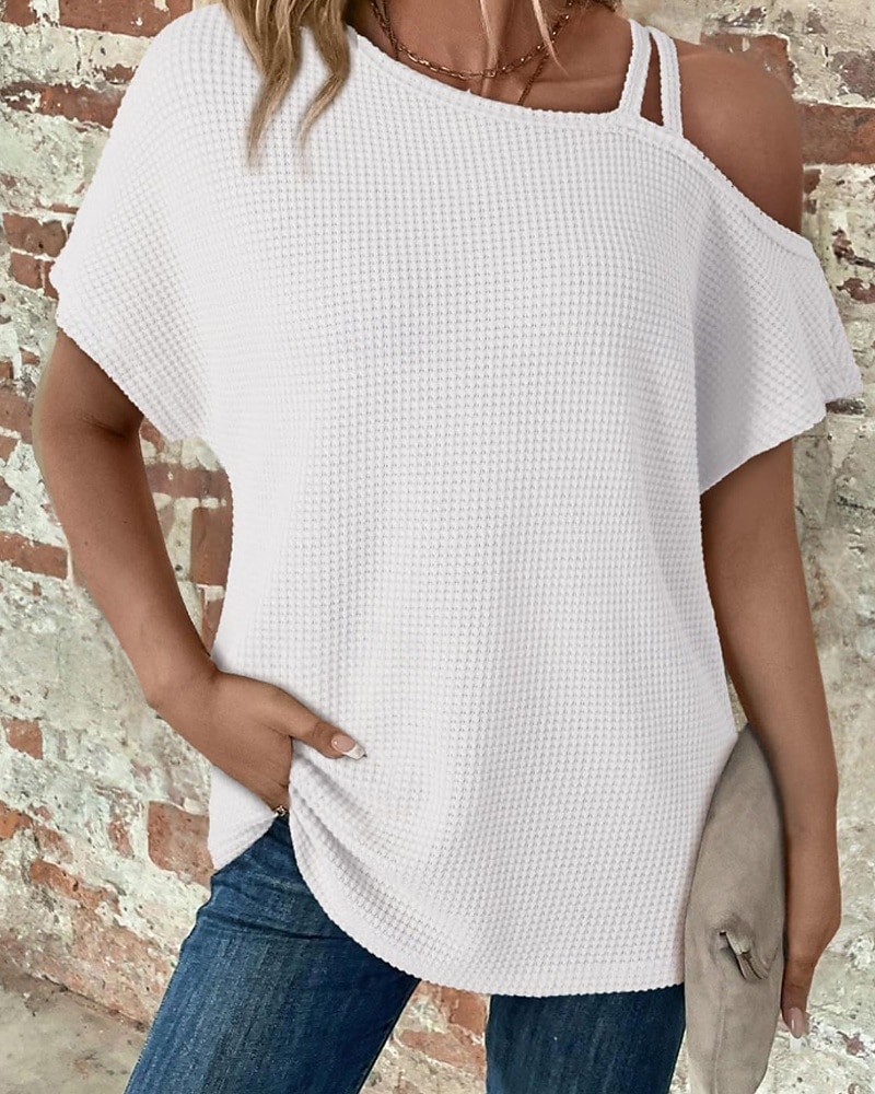 Mujer Camiseta Color sólido Vintage Elegante Manga Corta Cuello asimétrico Tops regulares Diario Noche Fin de semana Negro Blanco Rosa Caqui Verano Primavera 2026 - $25.99 –P8