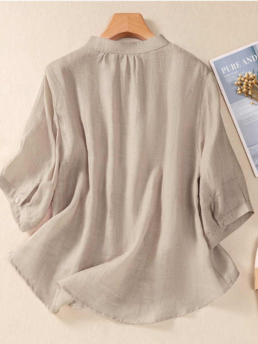 Γυναικεία Μπλούζα Λινό από ψεύτικο βαμβάκι Κεντητό Κουμπιά Φλοράλ Στυλάτο Καθημερινό 3/4 Μήκος Μανικιού Μανδαρίνο Κολλάρο Κανονικά μπλουζάκια Καθημερινά Ανθισμένο Ροζ Βυσσινί Πορτοκαλί Χακί 2026 - $34.99 –P3
