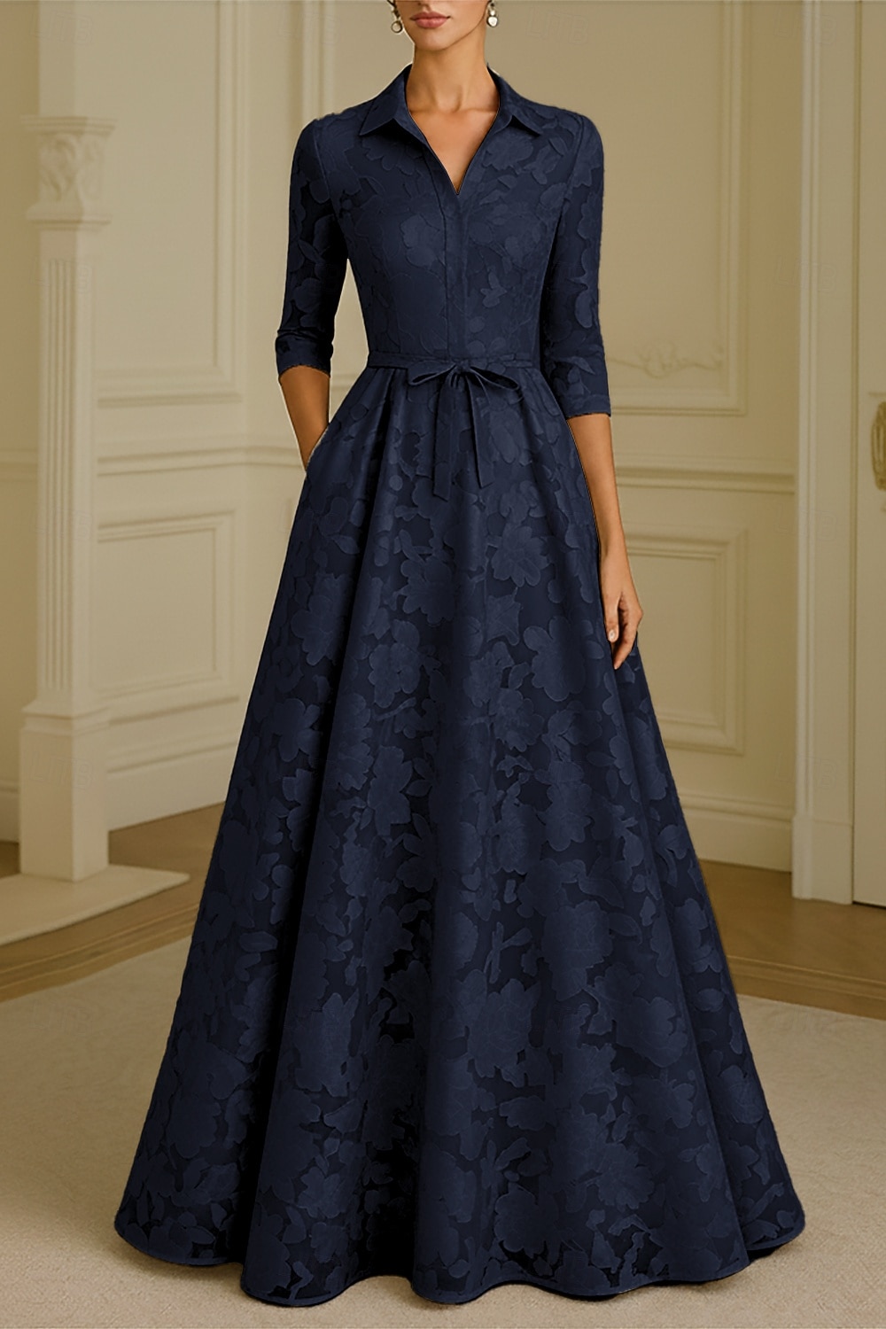 Linea ad A Lunghezza al pavimento Abito Camicia Abito Formale Abito da sera Abito da cerimonia per signora Manica Lunga Colletto a Camicia Elegante Vintage Formale Raso Jacquard con Fiocco/Fiocchi del 2026 a $195.99 –P2