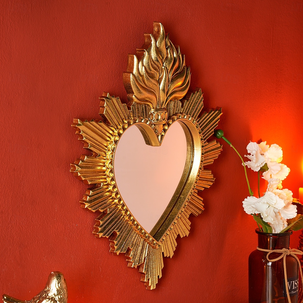 Wanddekor-Spiegel mit flammendem Herzmotiv, handgefertigter Hängeschmuck in Form eines flammenden Herzens, Wandkunst im europäischen Stil für Wohnzimmer, Schlafzimmer, Arbeitszimmer, religiöse 2026 - $33.99 –P4