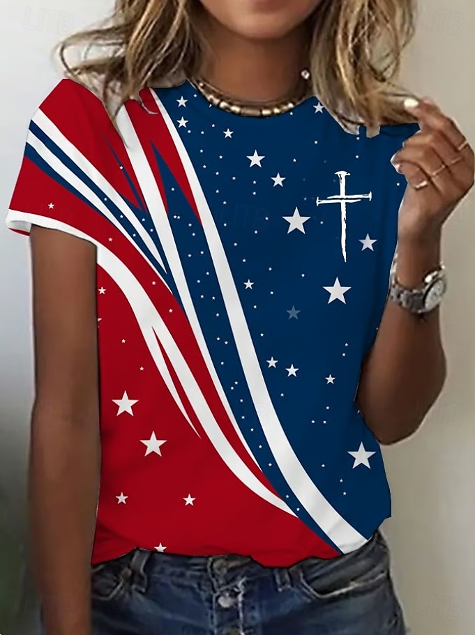 تي شيرت نسائي وطني لعيد الاستقلال برسمة علم عتيقة أنيقة كلاسيكية بأكمام قصيرة بحافة عادية يومية عطلة مطبوعة زرقاء ربيع صيف 2026 - $22.99 –P1