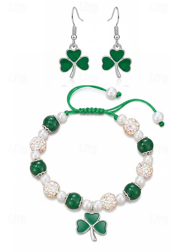 Set med shamrockarmband och örhängen i legering och akryl för kvinnor, gröna och vita pärlor, perfekt för St. Patricks dag och vardagsbruk 2026 - $11.99 –P9