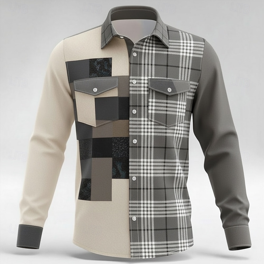 Men's Geometric Color Block Patchwork Shirt Button Up Shirt Long Sleeve Fashion Casual Outdoor Dailywear Spring Fall Turndown Front Two Pockets Linen Like Shirt Blue Brown Gray 2026 - $27.99 –P3