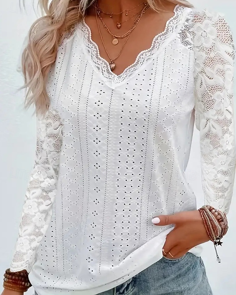 Mulheres Blusa Tops de renda Renda Patchwork Tecido Ativo à moda Manga Longa Decote V Tops regulares Diário Feriado Para Noite Branco Rosa Vinho Azul Claro Verão Primavera de 2026 por $21.99 –P1