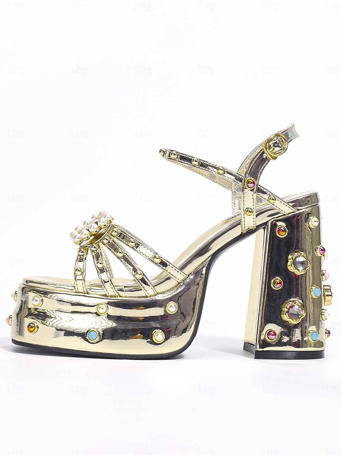 Damen-Plateausandalen mit klobigem Absatz und Strasssteinen &Perlenschnalle, glamouröse Metallic-Schuhe für Damen, perfekt für Partys im Nachtleben und Karnevalsfeiern. 2026 - $59.99 –P4