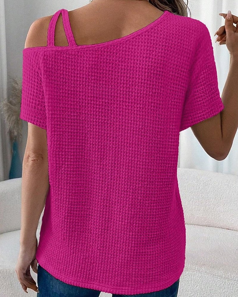 Mujer Camiseta Color sólido Vintage Elegante Manga Corta Cuello asimétrico Tops regulares Diario Noche Fin de semana Negro Blanco Rosa Caqui Verano Primavera 2026 - $25.99 –P18