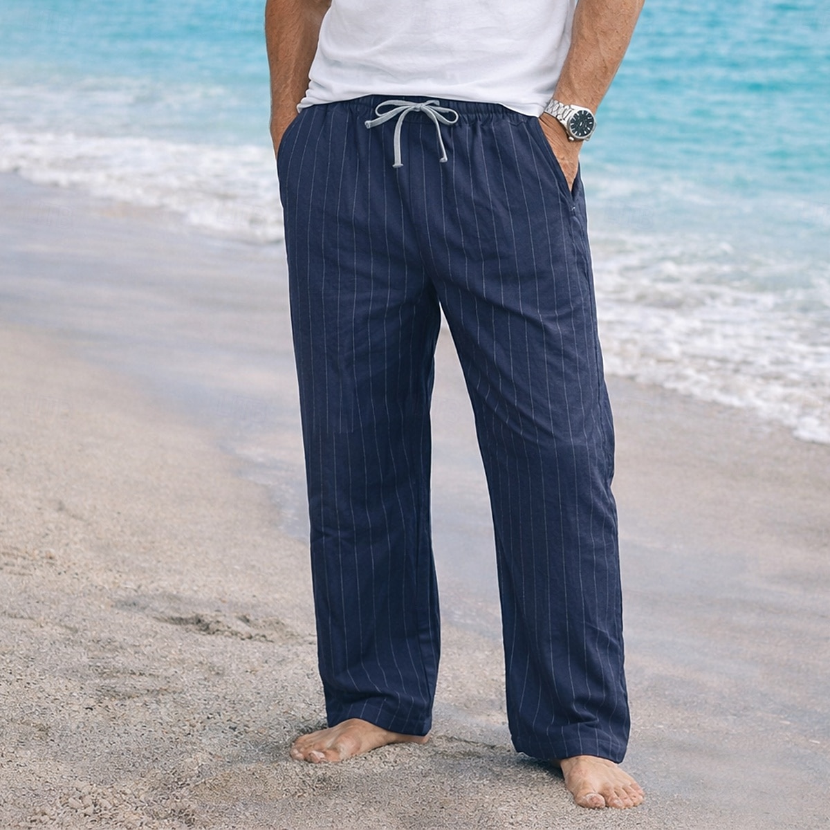 Men's Linen Pants Trousers Summer Pants Baggy Pants Drawstring Elastic Waist Straight Leg Striped Comfort Breathable Full Length Casual Daily Holiday Fashion Classic Style Blue Black Micro-elastic 2026 - $24.99 –P9