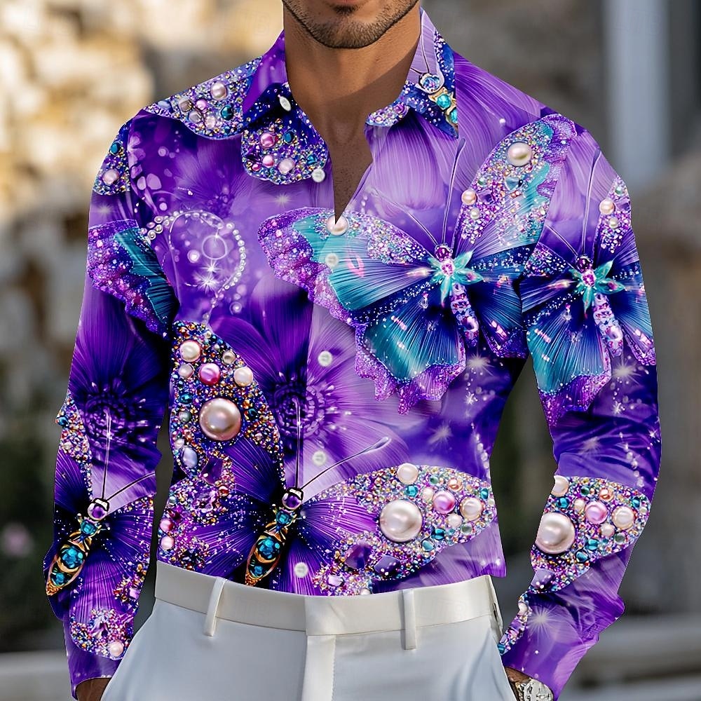 Mardi Gras Hombre Mariposa Perla Color deslumbrante Camisa Camisa de raso Camisa para Vestido Manga Larga Moda informal Fiesta Festivos Verano Primavera Cuello Vuelto Impresión 3D Camisas con botones 2026 - $29.99 –P1