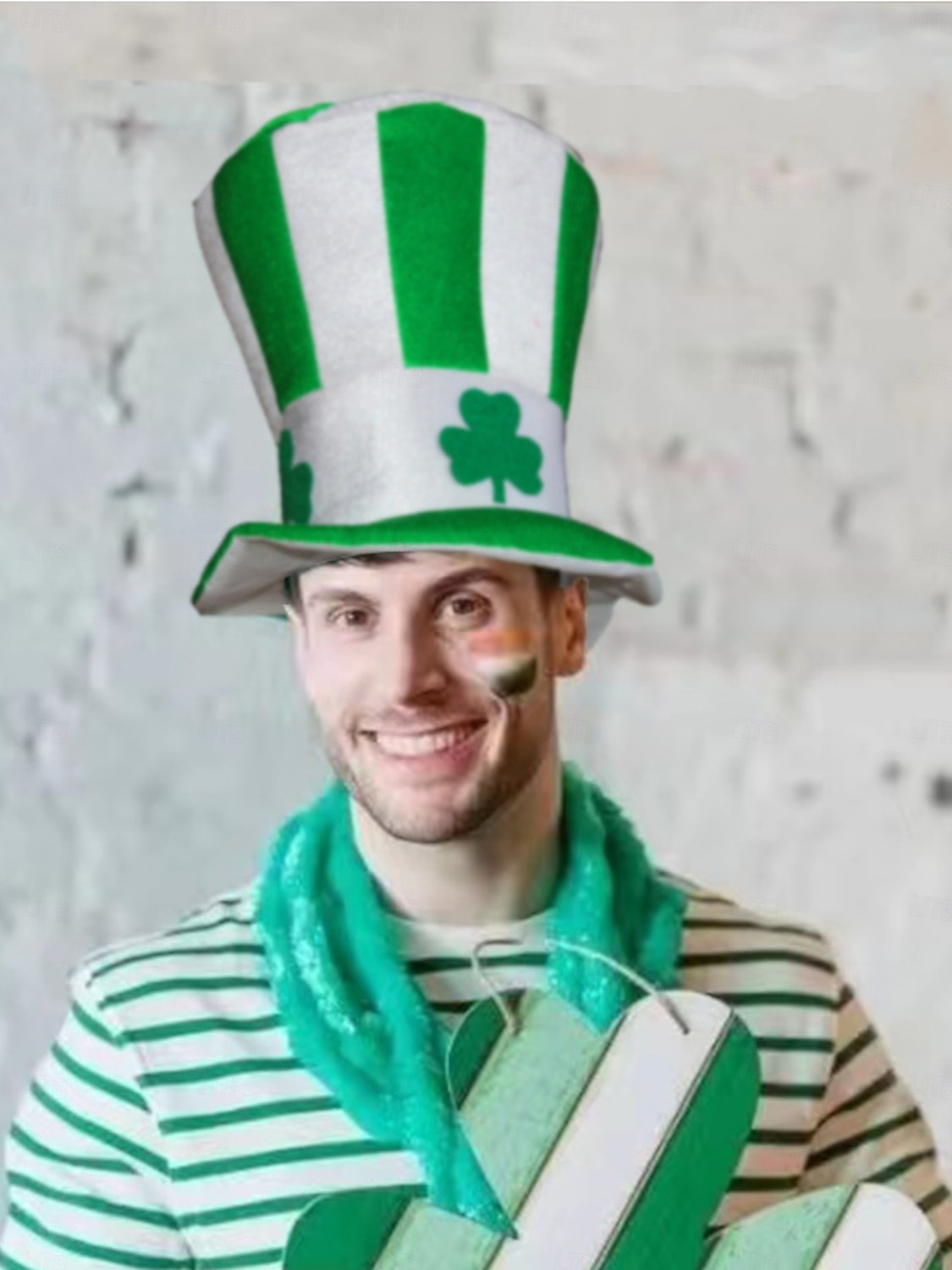 pánská zelená na Den svatého Patrika &Bílý pruhovaný skřítkový klobouk s trojlístky – slavnostní pokrývka hlavy pro oslavy Dne svatého Patrika 2026 - $14.99 –P1