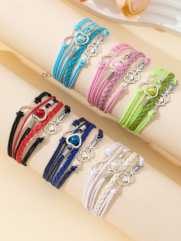 Dámské náramky z bohémské slitiny a umělé kůže, vícebarevné s přívěsky ve tvaru srdce a nekonečna – ideální na Valentýna i pro běžné nošení 2026 - $7.99 –P6