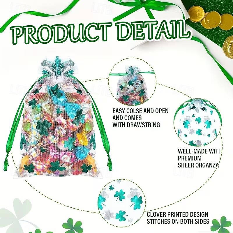 50PCS St. Patrick's Day Gift Bags, Green Shamrock Leaf Pattern Organza Bags for Jewelry, Party Favors, Two Sizes 3.9x5.9 Inch & 5x7 Inch 2026 - $19.99 –P1