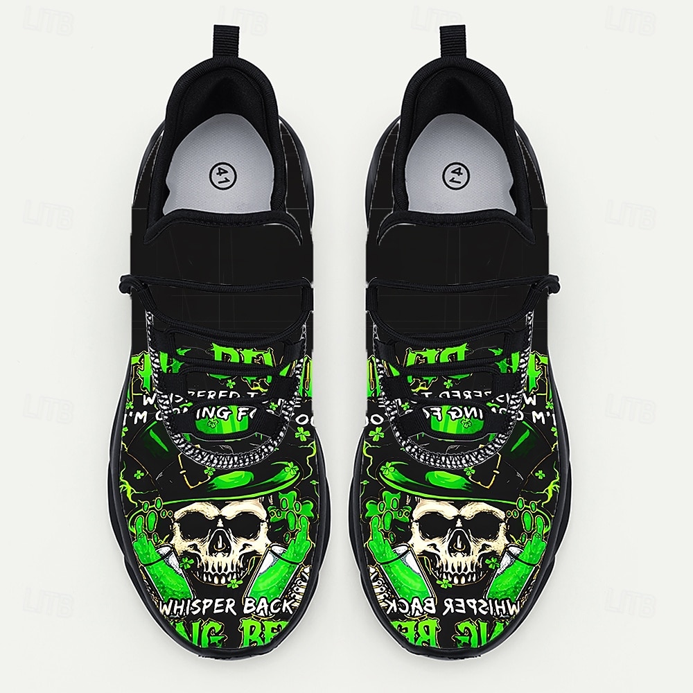 Sneakers da uomo con stampa teschio: design unico verde e nero con struttura resistente, perfette per il giorno di San Patrizio e per l'abbigliamento casual del 2026 a $46.99 –P9