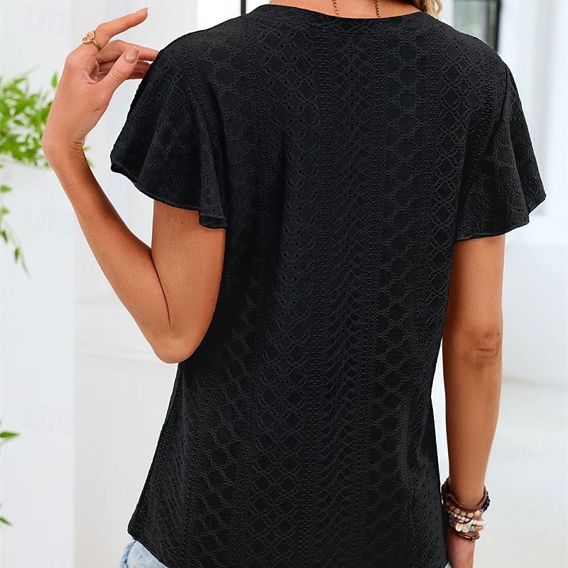 Pentru femei Cămașă Tricou Bufantă Peteci Capsă Culoare solidă Elegant Modă Clasic Manșon scurt În V Topuri obișnuite Zilnic Ieșire Sfârșit de săptămână Negru Alb Roz Îmbujorat Trifoi Vară Primăvară 2026 - $19.99 –P2