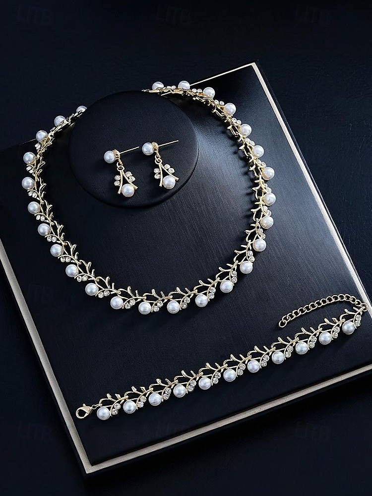 Conjunto de joyas de aleación de perlas de imitación para mujer: conjunto de 3 piezas de collar, pulsera y aretes, perfecto para bodas y ocasiones especiales. 2026 - $11.99 –P4