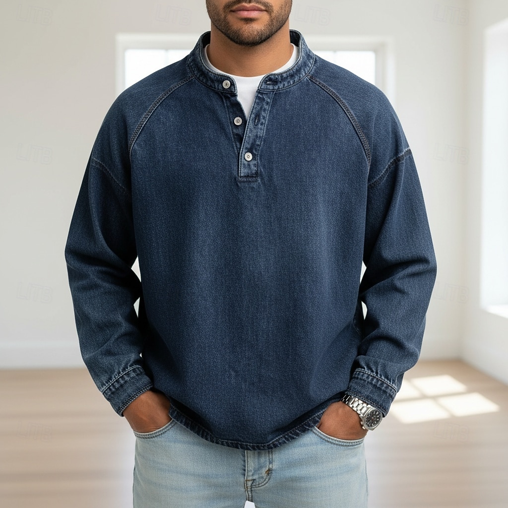 SoftFade™ Herrs T Skjorta Henley Skjorta Denim Skjorta 100% Bomull Syra Tvättad Skjorta Tee Topp Lång Ärmd Enkel Vintage Streetwear Avslappnad Färgad Tvättad Raglanärmar Stående Krage Henley Sport 2026 - $31.99 –P5