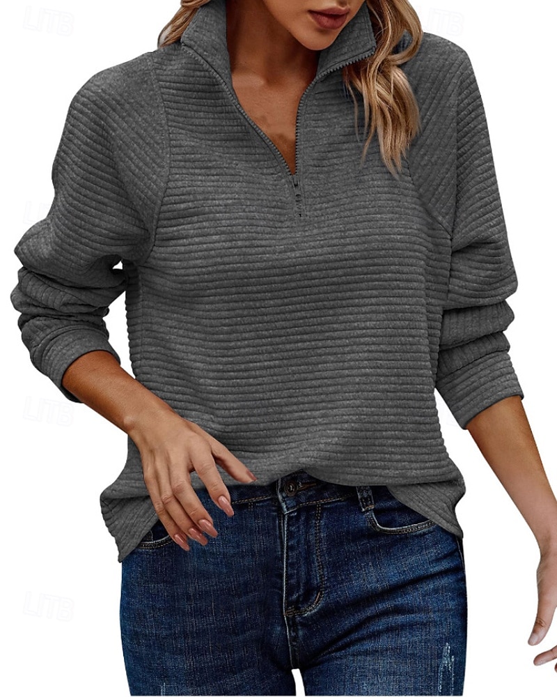 Femmes Sweatshirt Pull Fermeture éclair Uni Occasionnel manche longue Revers Hauts Réguliers Rue Fête Rouge bordeaux Bleu marine Noir Blanche Gris foncé Automne de 2026 ? $25.99 –P6