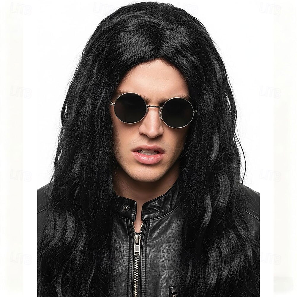 Lange zwarte pruik voor mannen met zwart krullend haar voor een hippiefeest. 2026 - $32.99 –P1