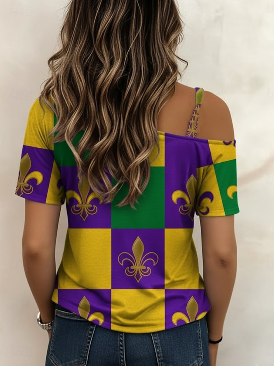 Mardi Gras Dámské Tričko Grafika Tropický vzhled Havajské stylové Krátký rukáv Asymetrický krk Crop Tops Svatba na pláži Denní Sport Bílá / černá Bílá Žlutá Světle zelená Fialová Léto Jaro 2026 - $21.99 –P2