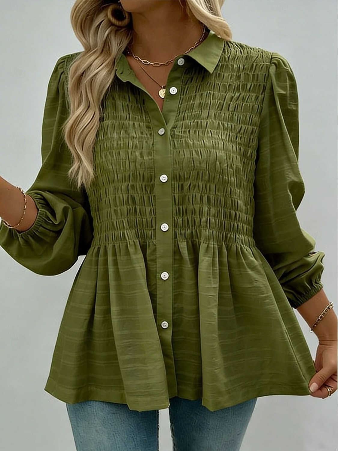 Per donna Camicia casual Camicia con Bottoni Blusa Arricciato Bottoni Tinta unica Vacanza Elegante Casual Manica Lunga Collo ripiegato Top corti Quotidiano Spiaggia Ferie Nero Bianco Rosa Verde del 2026 a $29.99 –P2