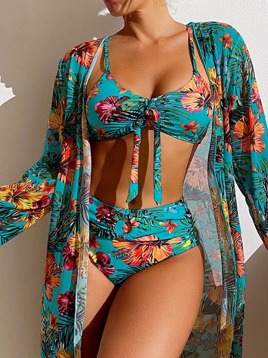 Naisten bikinit 3-osainen uimapuku palm alushousut slim selkä avoin lomaranta-asu kukkakuviolla lehtikuvio pyöreä kaula-aukkoinen hihaton uimapuku 2026 - $33.99 –P8