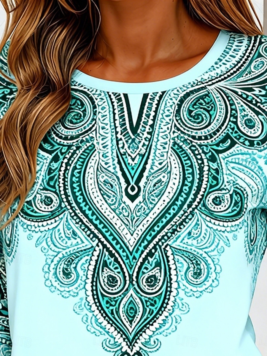 Γυναικεία Μπλουζάκι Στάμπα Γραφική Λαχούρι Μοντέρνα Στυλάτο Κλασσικό Μακρυμάνικο Στρογγυλή Ψηλή Λαιμόκοψη Κανονικά μπλουζάκια Καθημερινά Σαββατοκύριακο Ρούχα διακοπών Θαλασσί 2026 - $19.99 –P2