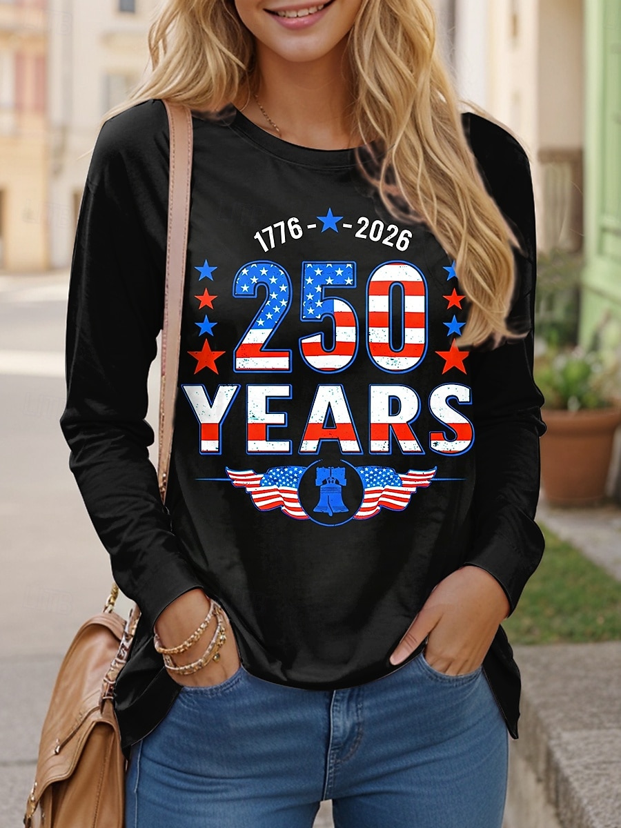 Koszulka patriotyczna damska z grafiką na Dzień Niepodległości Amerykański rocznicowy styl casual długi rękaw okrągły dekolt standardowe topy codzienny nadruk czarny wiosna jesień 2026 - $24.99 –P2