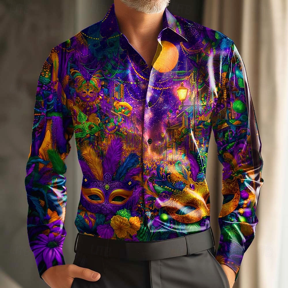 Martedì grasso Per uomo Colorato Carnevale Maschera con piume Camicia Camicia in raso Camicia elegante Manica Lunga Moda Casual Feste Ferie Estate Primavera Autunno Collo ripiegato Stampa 3D Camicie del 2026 a $29.99 –P1