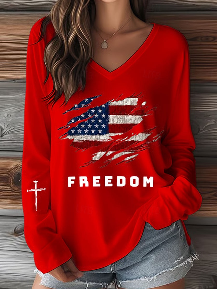 Unabhängigkeitstag Patriotische Damen T-Shirt Grafik Buchstabe Vintage Stilvoll Klassisch Langarm V-Ausschnitt Reguläre Oberteile Täglicher Druck Blau Schwarz Weiß Rot Sommer Frühling Herbst Winter 2026 - $24.99 –P4