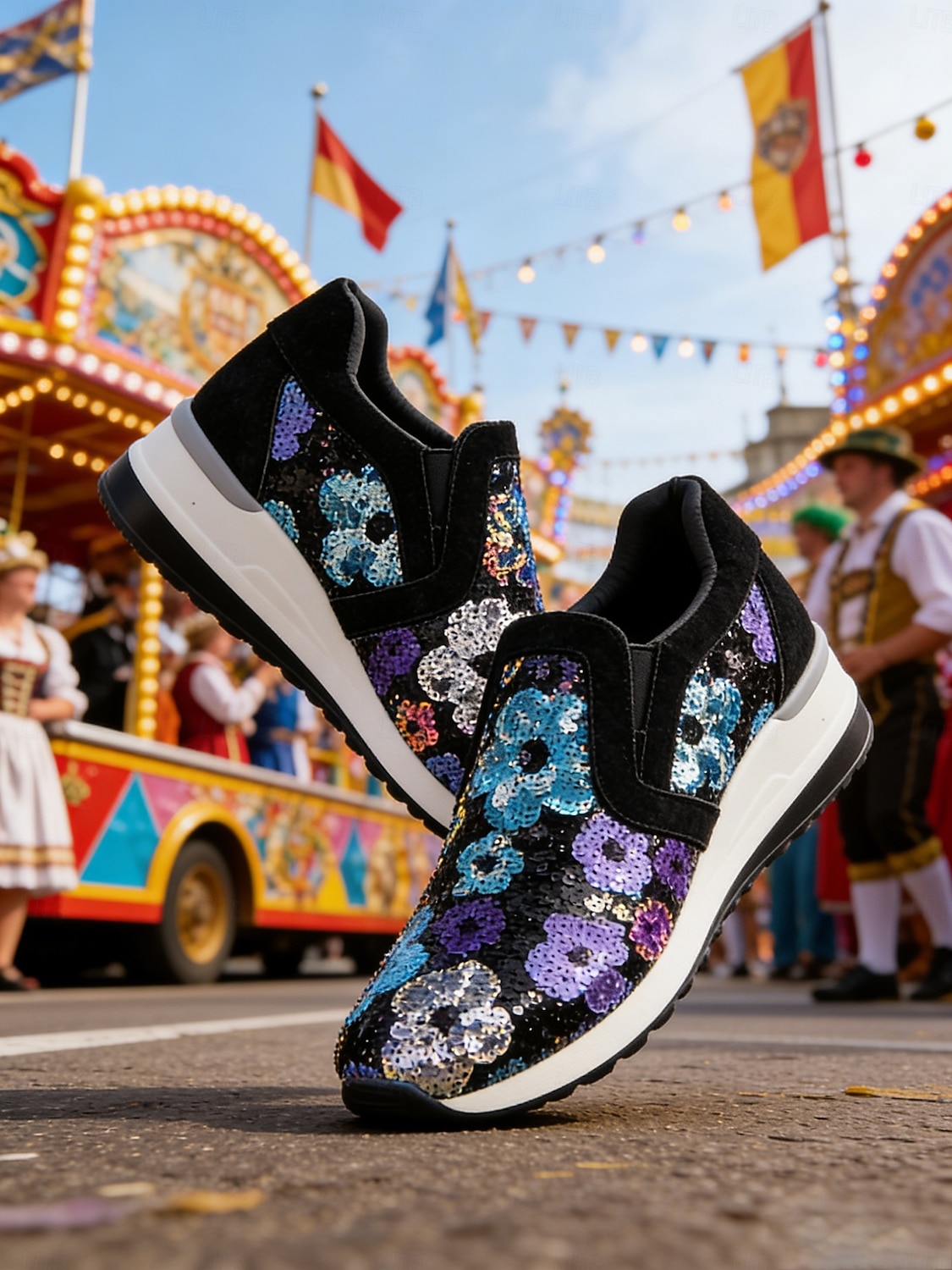 Женские черные с блестками кроссовки на платформе для Марди Гра - сверкающая праздничная повседневная обувь для карнавальных парадов костюмированных вечеринок уличных празднований и веселых выходных 2026 - $46.99 –P4