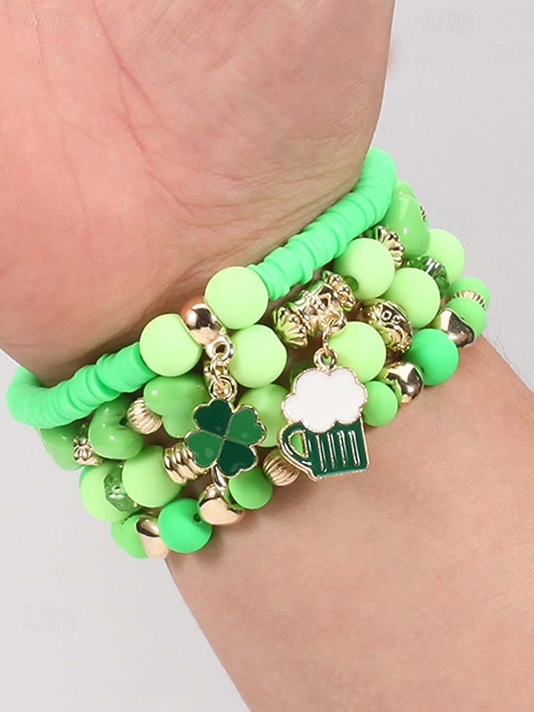 Conjunto de pulseiras femininas para o Dia de São Patrício, pulseiras empilháveis de várias voltas com contas verdes, estilo trevo da sorte, materiais de liga metálica e cristais sintéticos, joias festivas irlandesas para mulheres. de 2026 por $9.99 –P3