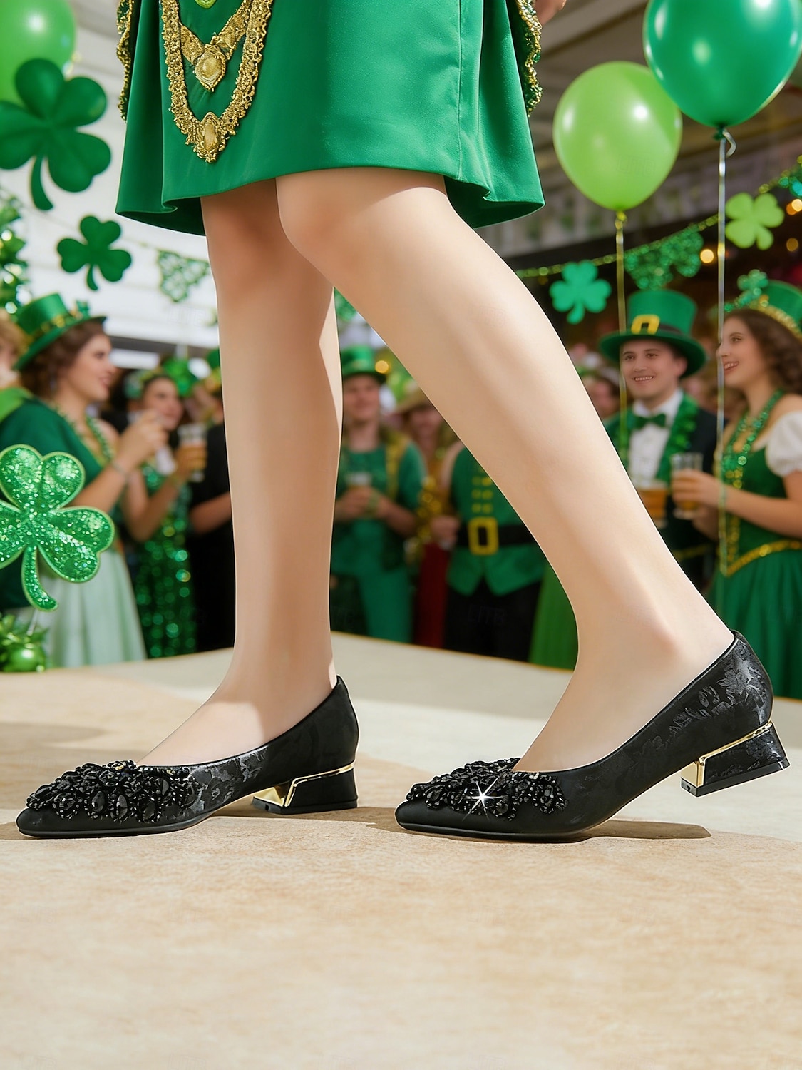 Women's St. Patrick's Day Green Satin Low Heel Pumps, Pointed Toe Crystal Embellished Dress Shoes, Elegant Vintage-Inspired Comfort Heels for Women, Perfect for St. Paddy's Day Parties 2026 - $42.99 –P4