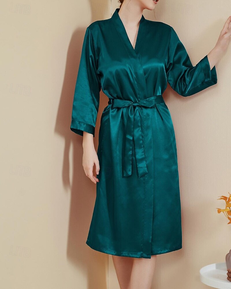 Femmes Robe Occasionnel Doux Satin Couleur Unie Quotidien Maison Lit manche longue Col en V Noir Blanche Vert Claire Rose Claire bleu marine Été Printemps Coupe régulière de 2026 ? $26.99 –P7