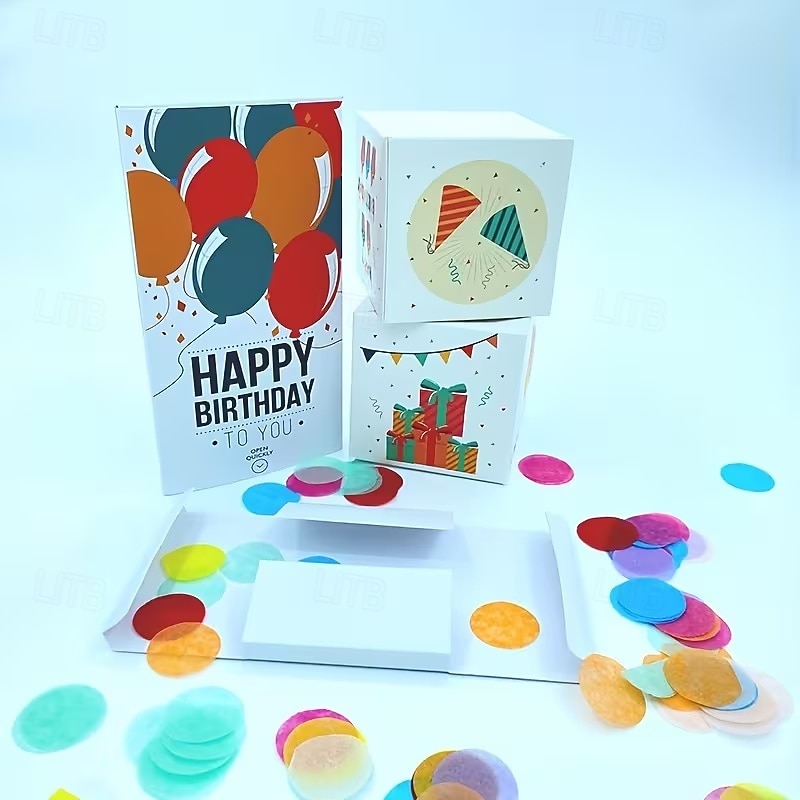 boldog születésnapot felugró meglepetés ajándékdoboz színes lufikkal &konfetti dizájn - élénk papír kézműveskedés fiataloknak, ünnepi ajándékötlet|játékos dizájn|színes lufik, születésnapi parti 2026 - $11.99 –P6