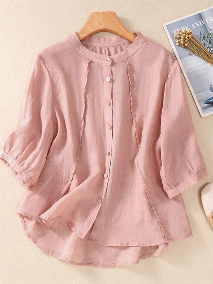 Γυναικεία Μπλούζα Λινό από ψεύτικο βαμβάκι Κεντητό Κουμπιά Φλοράλ Στυλάτο Καθημερινό 3/4 Μήκος Μανικιού Μανδαρίνο Κολλάρο Κανονικά μπλουζάκια Καθημερινά Ανθισμένο Ροζ Βυσσινί Πορτοκαλί Χακί 2026 - $34.99 –P11