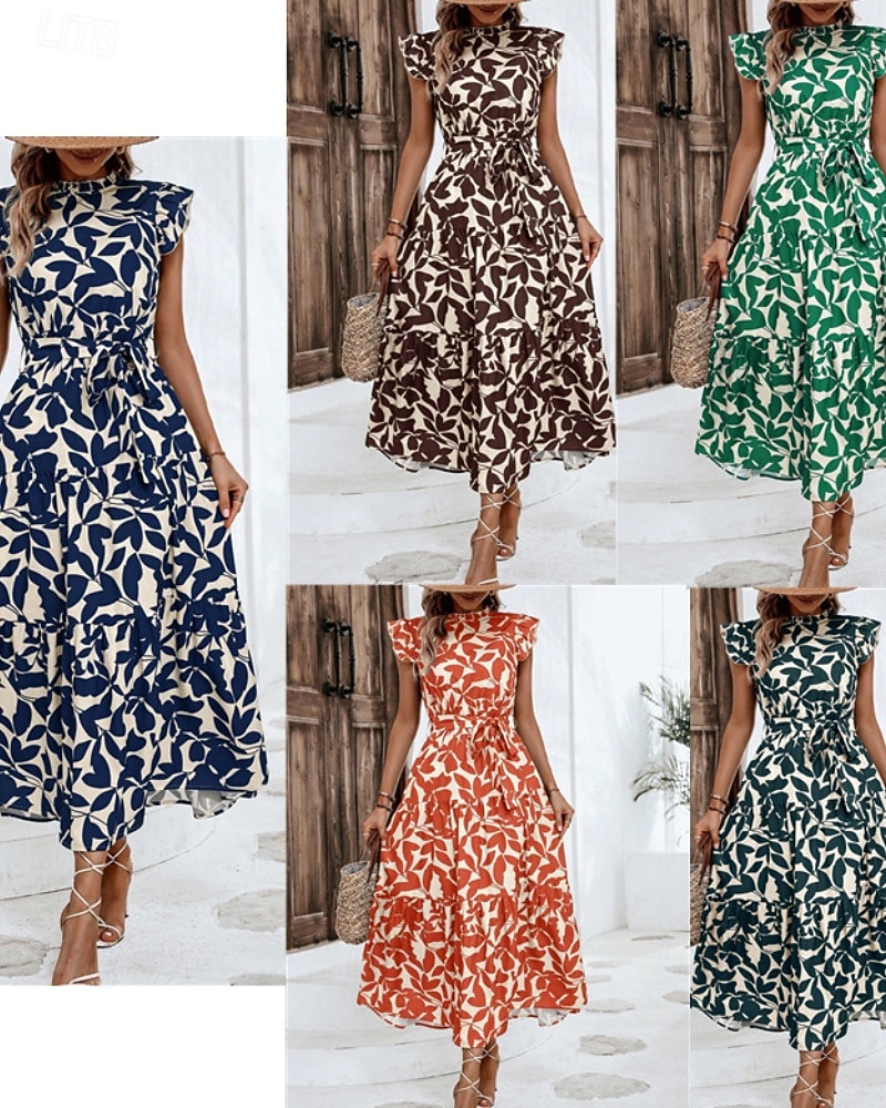 Per donna Abito Midi Abito Floreale Abito Stampato Moda Moderno All'aperto Vacanza Uscire Vestibilità comoda Floreale Senza Maniche Collo alla coreana Arancione Marrone Verde Blu scuro Estate del 2026 a $26.99 –P1