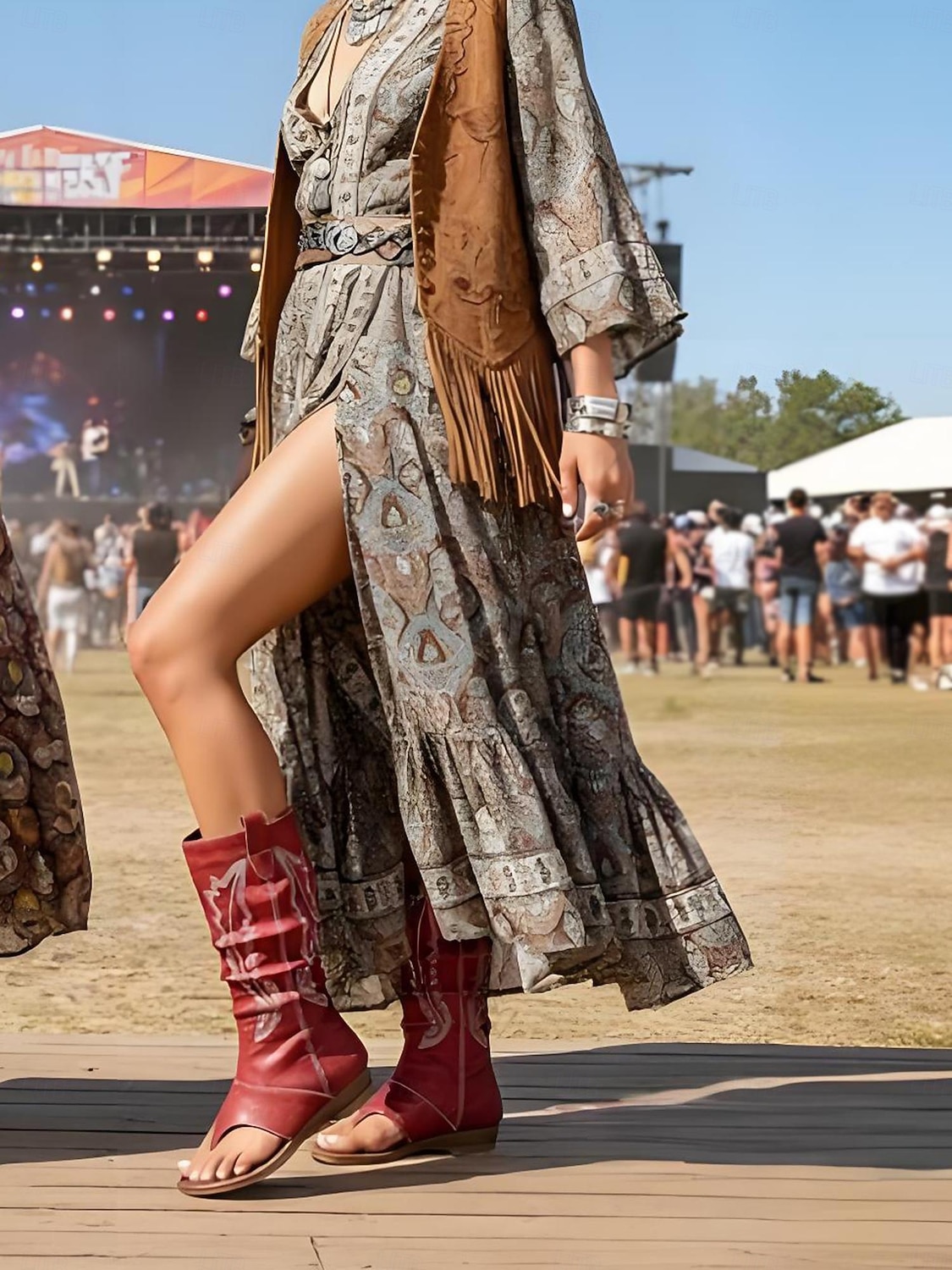 Rote Boho-Western-Stiefeletten für Damen mit offener Zehenpartie und Stickereien – perfekt für Musikfestivals und legere Outdoor-Veranstaltungen 2026 - $54.99 –P7