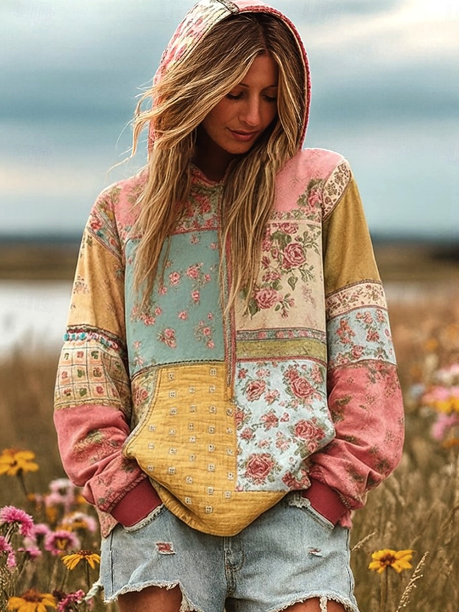 Γυναικείο 3D Εκτύπωση Vintage Boho Φόρεμα Patchwork Φόρεμα Φούτερ Floral Pullover Φούτερ Casual Με Κουκούλα Καθημερινά Ρούχα Patchwork Εκτύπωση Τσέπη Μπροστά Ροζ Μωβ Πράσινο Άνοιξη Φθινόπωρο Χειμώνα 2026 - $32.99 –P4