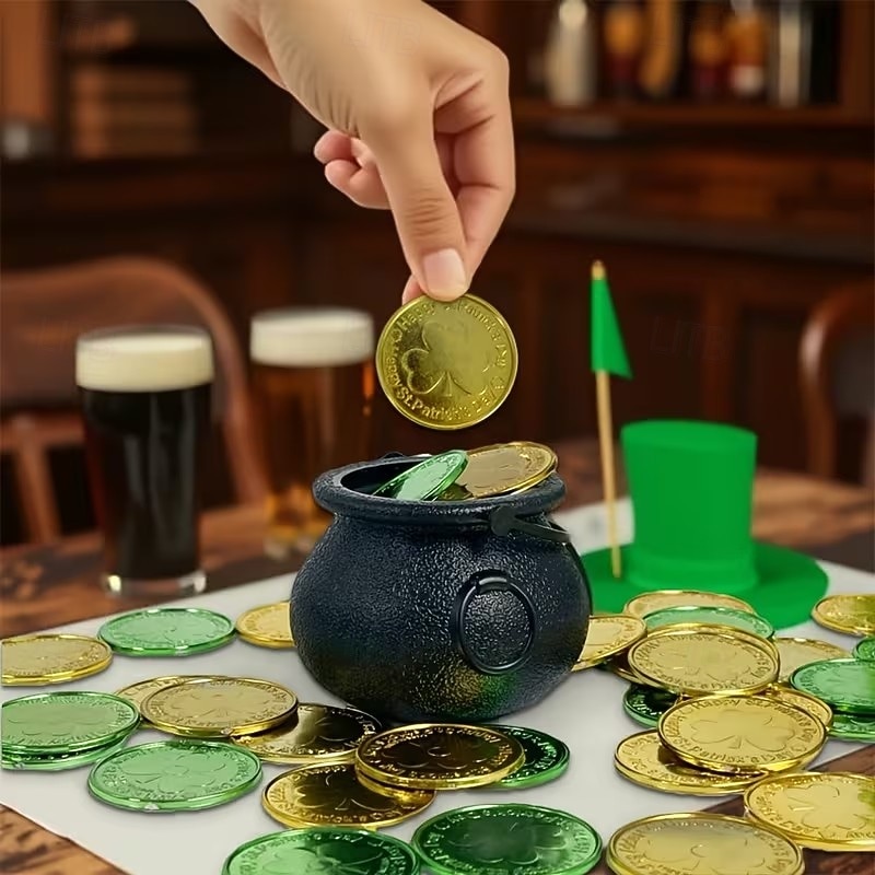 Złote monety na dzień św. Patryka - 100/200 sztuk złotych zielonych monet na szczęście, plastikowe monety koniczyna skrzat, moneta z 3-listną koniczyną do dekoracji i upominków na imprezę 2026 - $26.79 –P1