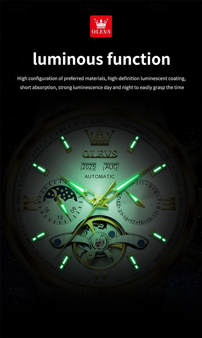 The New Olevs Men'S Business Watch With Luminous Perpetual Calendar Date And Day Display Multi-Functional Mechanical Watch Skeletonized Casual And Fashionable Waterproof Sports Men'S Wristwatch 2026 - $116.99 –P6