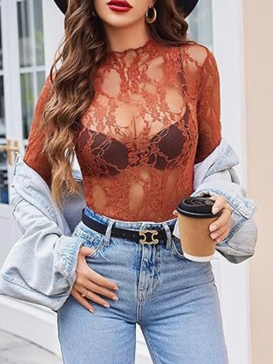 Per donna Camicia popover Camicia casual Blusa Pizzo Patchwork Tinta unica Elegante Casual Manica Lunga Collo alla coreana Top Regolari Quotidiano Feste Ferie Nero Bianco Rosa Rosso Fucsia Estate del 2026 a $19.99 –P4