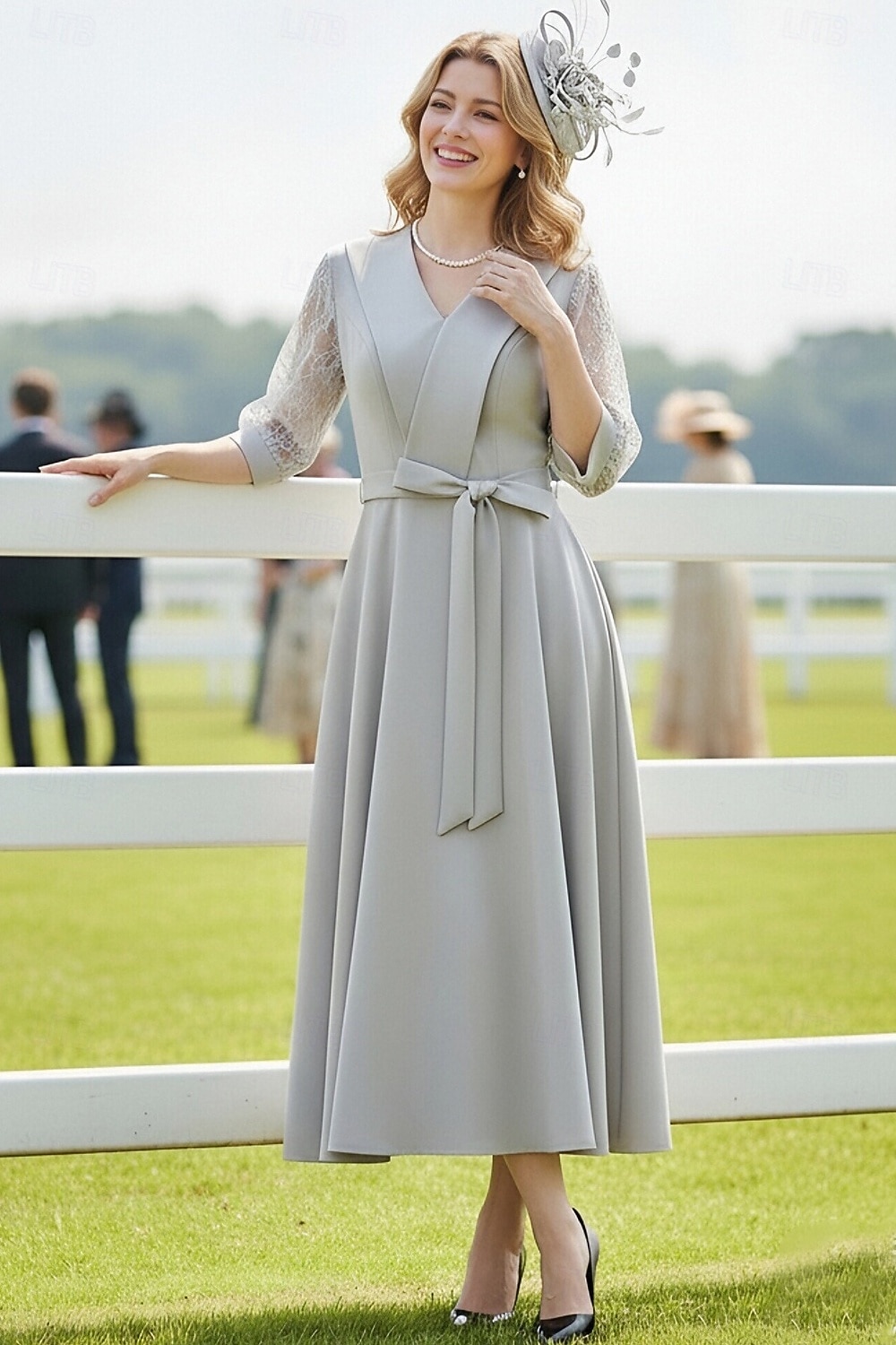 Krój A Do kostki Sukienka Derby Sukienka dla matki panny młodej Rękaw 3/4 W serek Klapa Elegancja Kentucky Derby Rozciągliwa krepa z Kokardki 2026 - $126.99 –P4