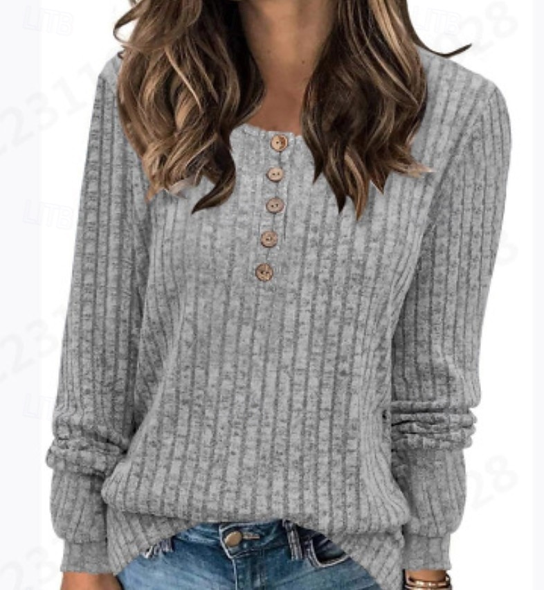 Dam Blus Knappar Stickad Ensfärgat Stylish Ledigt Långärmad Rund hals Vanliga toppar Dagligen Blå Svart Gul Ljusgrön Rubinrött Vår Höst Vinter 2026 - $21.99 –P9