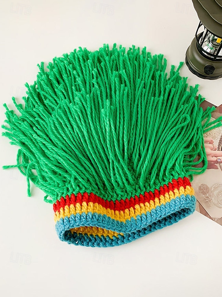 Herren-Perückenmütze aus Häkelgarn, mehrfarbiges Design mit grünen, roten und gelben Streifen, perfekt für den St. Patrick's Day und Kostümpartys 2026 - $14.99 –P10