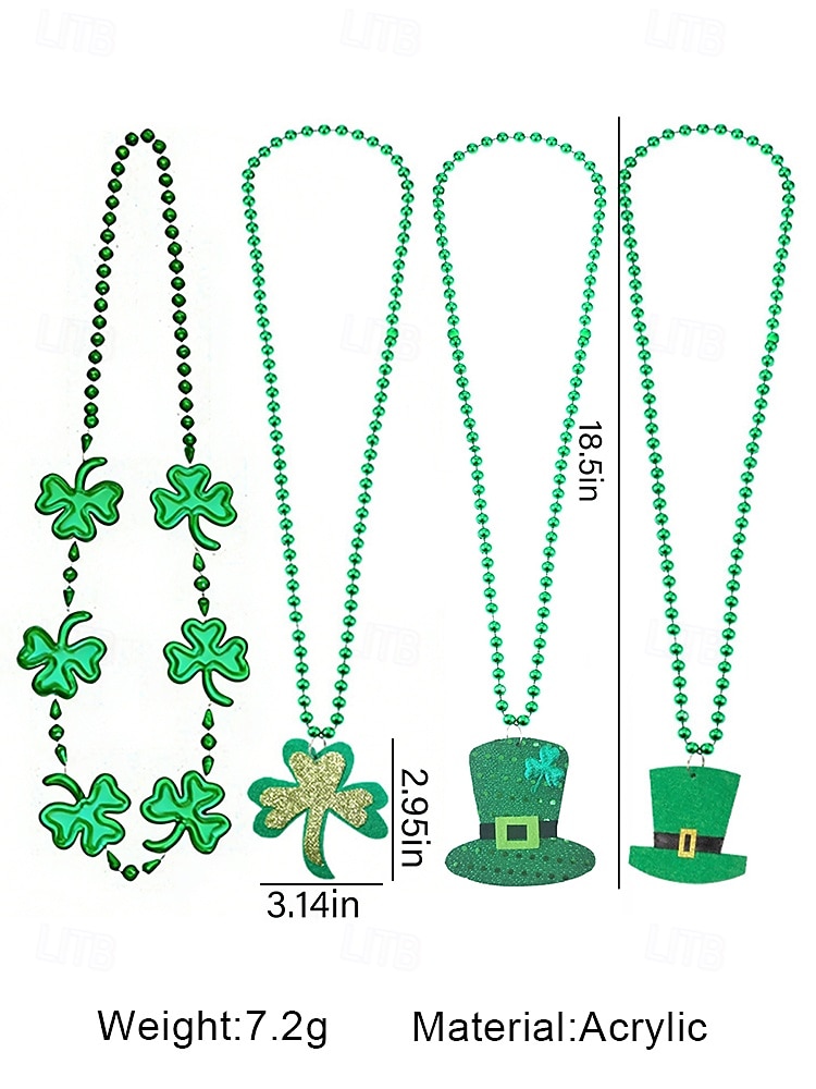 2026年 クローバーと帽子のデザインが施された女性用聖パトリックの日のアクリルネックレス。複数のスタイル、グリーンビーズ。休日のお祝いやパーティーアクセサリーに最適。  コレクション – $7.99 –P14