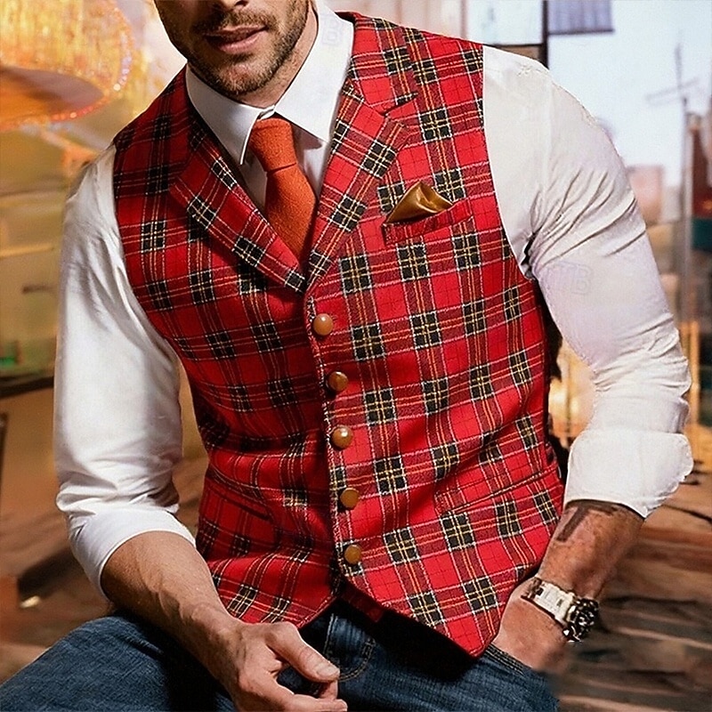 Per uomo Gilet Vacanza Carnevale Feste Moda Streetwear Primavera Autunno Bottoni Poliestere Traspirabilità Plaid Monopetto Scollo a V Vestibilità su misura La luce rossa Rosso Gilet del 2026 a $36.99 –P1
