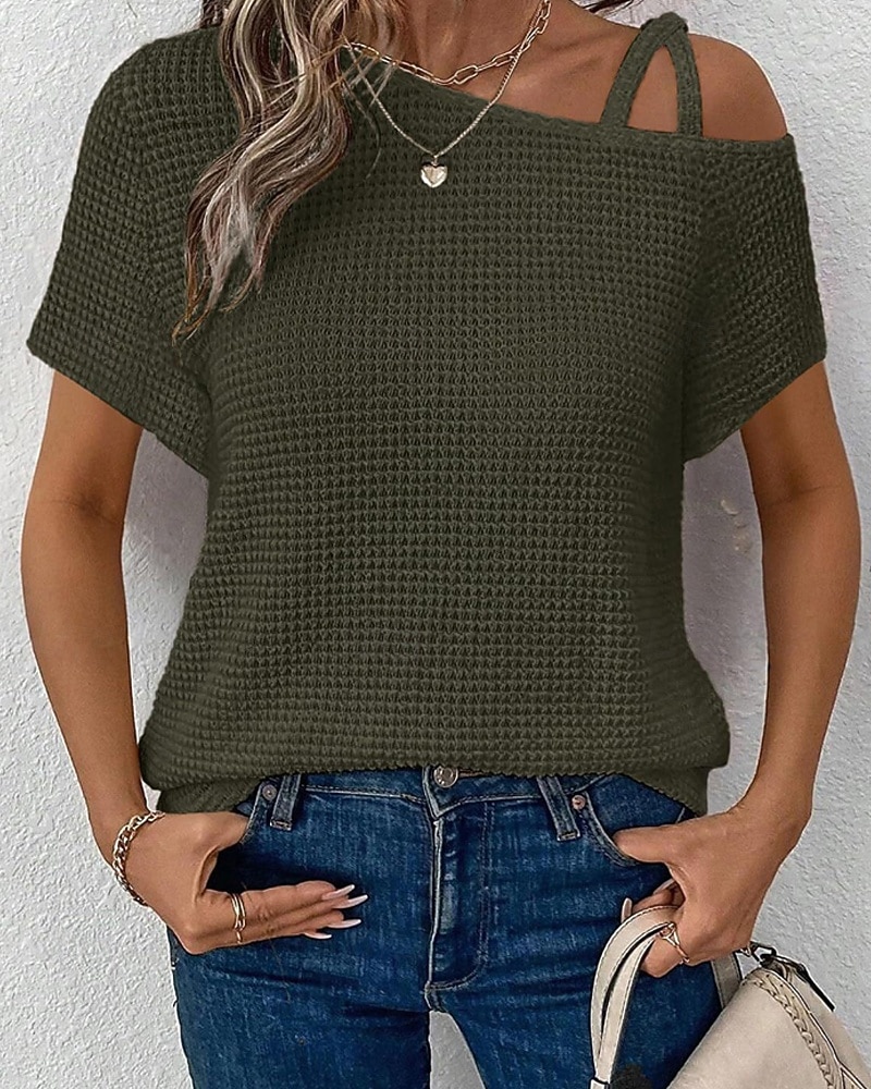 Mujer Camiseta Color sólido Vintage Elegante Manga Corta Cuello asimétrico Tops regulares Diario Noche Fin de semana Negro Blanco Rosa Caqui Verano Primavera 2026 - $25.99 –P10