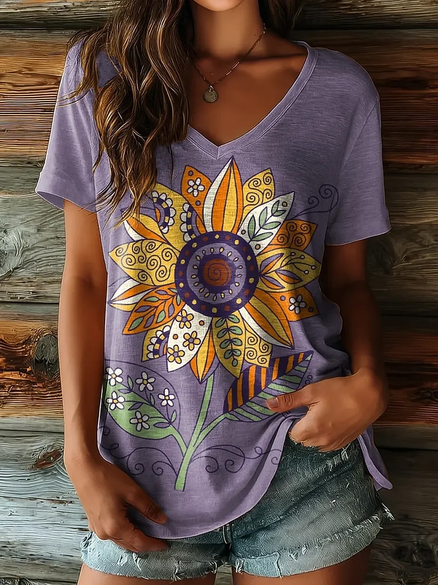 Pentru femei Tricou Imprimeu Floral Grafic Epocă Stilat Casual Manșon scurt În V Topuri obișnuite Zilnic Albastru piscină Roz Îmbujorat Mov Vară Primăvară 2026 - $21.99 –P3
